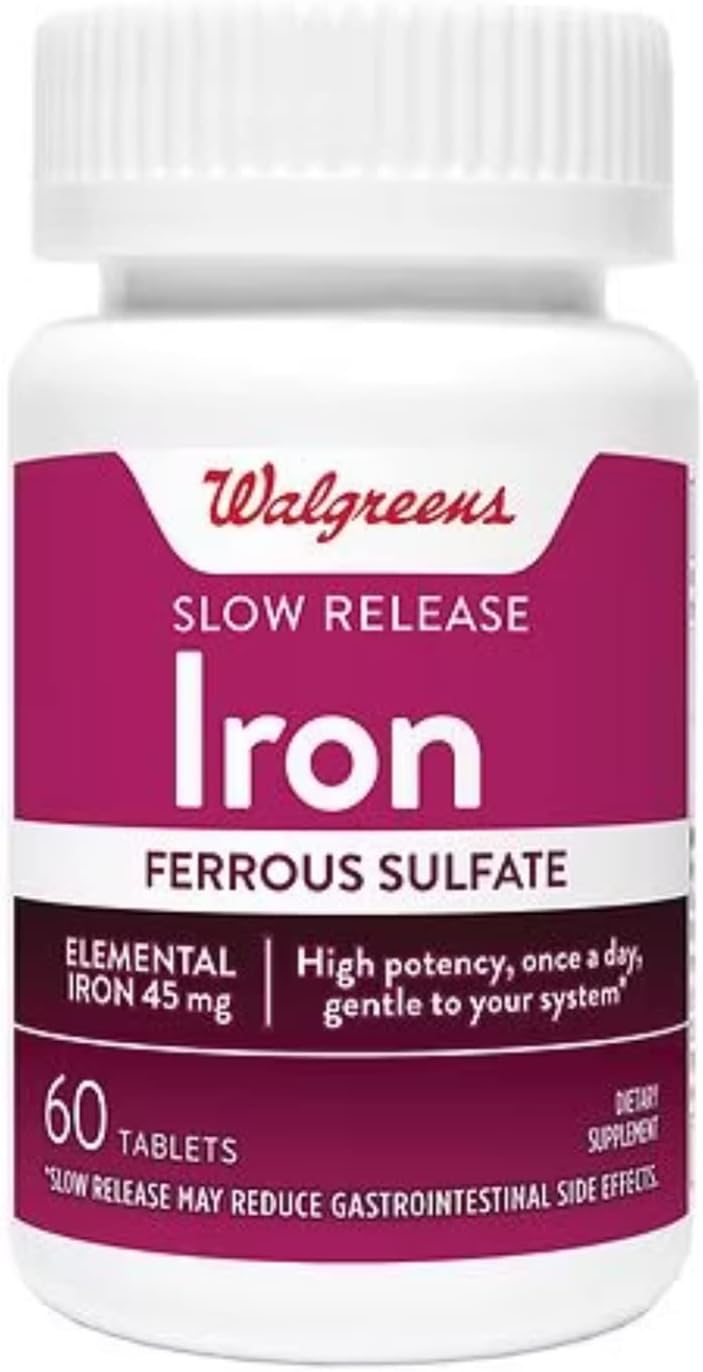 Slow Release High Potency Iron Supplement, Ferrous Sulfate 45mg Tablets, 60 Count