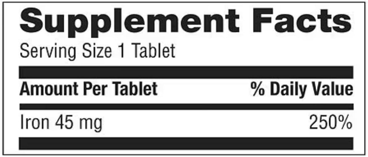 Slow Release High Potency Iron Supplement, Ferrous Sulfate 45mg Tablets, 60 Count