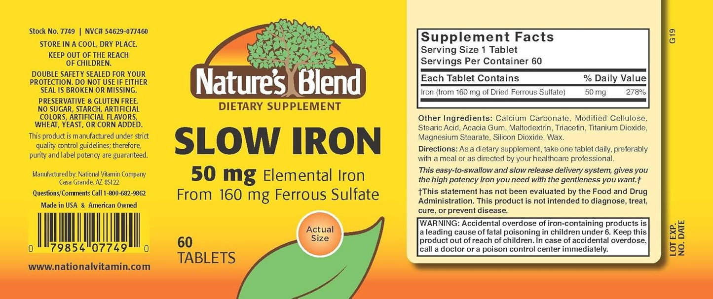 Slow Release Iron Supplement 50 mg (160 mg) - Comparable to Slow Fe® - 60 Tablets
