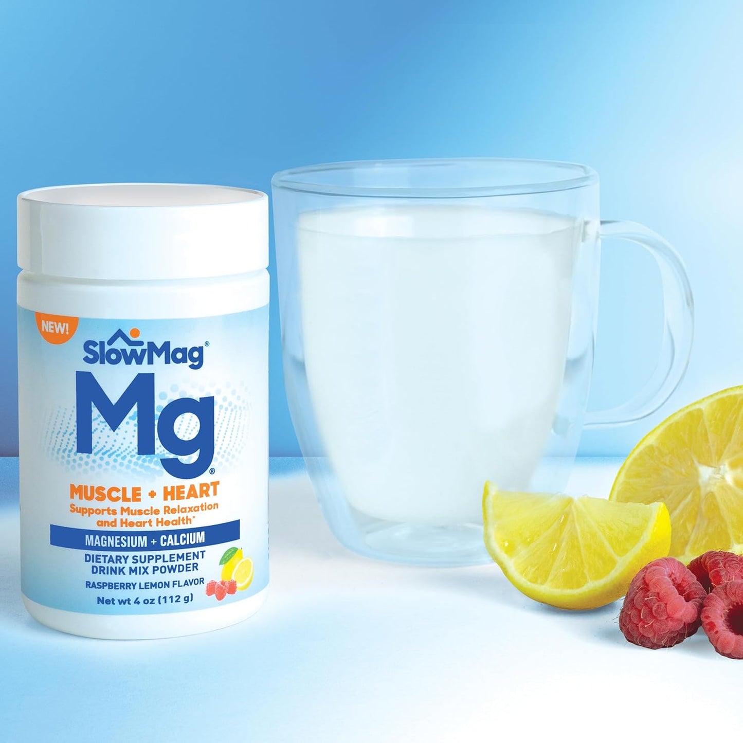 SlowMag Raspberry Lemon Magnesium Powder Drink Mix - 4oz, Supports Muscle Relaxation & Heart Health, with Calcium Supplement
