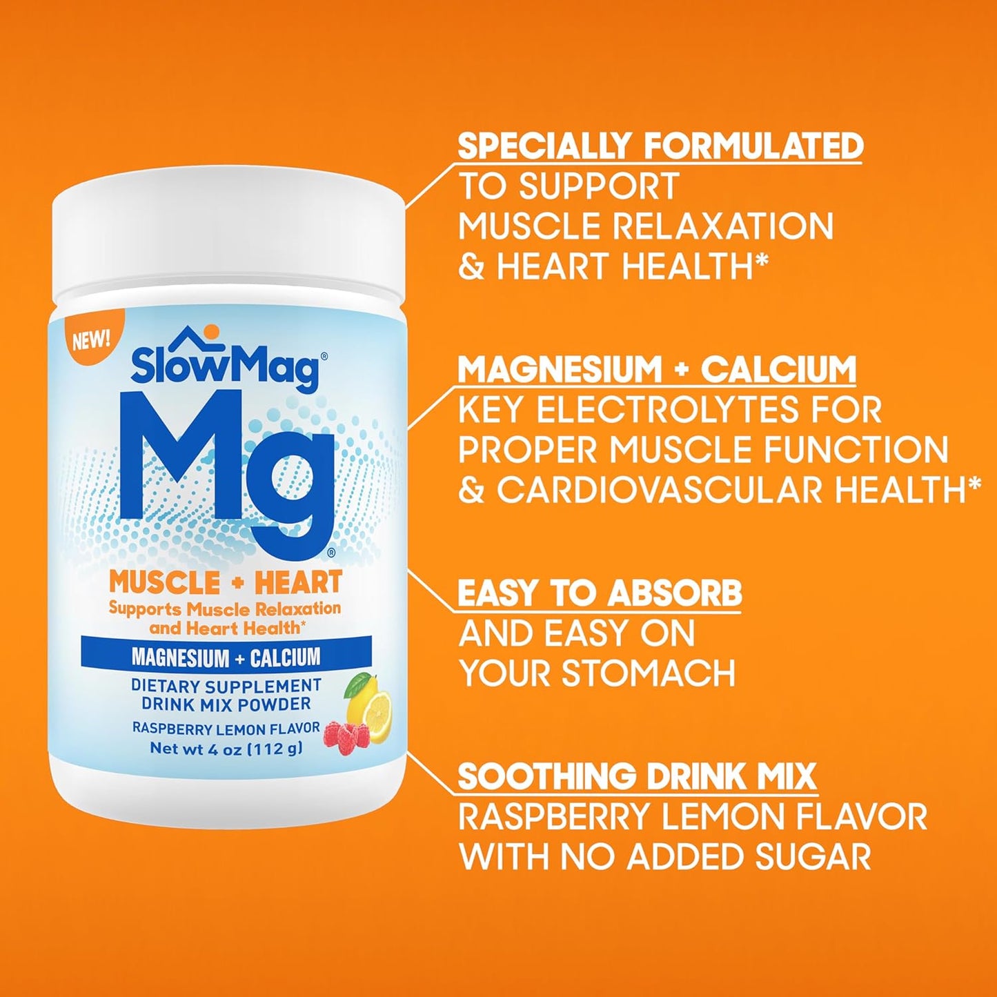 SlowMag Raspberry Lemon Magnesium Powder Drink Mix - 4oz, Supports Muscle Relaxation & Heart Health, with Calcium Supplement