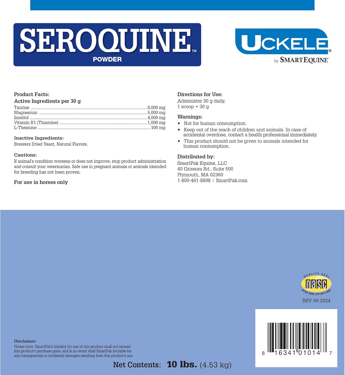 SmartEquine Uckele Seroquine Powder - Herb-Free Calming Supplement for Horses, 10 lb - Ideal for Travel & Competition
