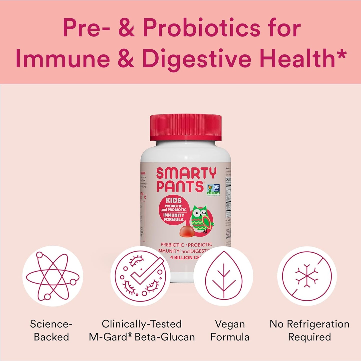 SmartyPants Kids Probiotic Gummies: Digestive Health & Immune Support, Prebiotics & Probiotics, Gluten Free, Vegan, Strawberry Crème Flavor - 60 Count
