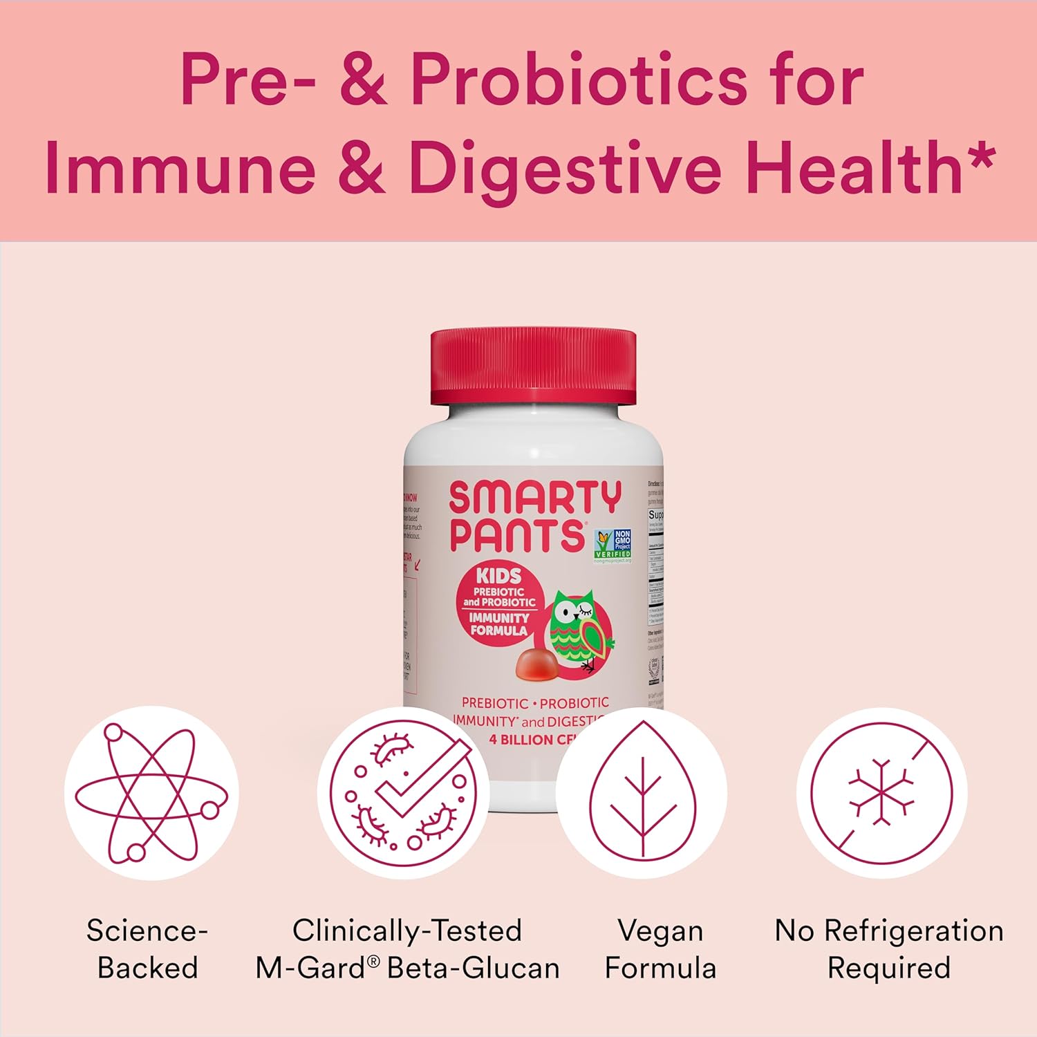 SmartyPants Kids Probiotic Gummies: Digestive Health & Immune Support, Prebiotics & Probiotics, Gluten Free, Vegan, Strawberry Crème Flavor - 60 Count