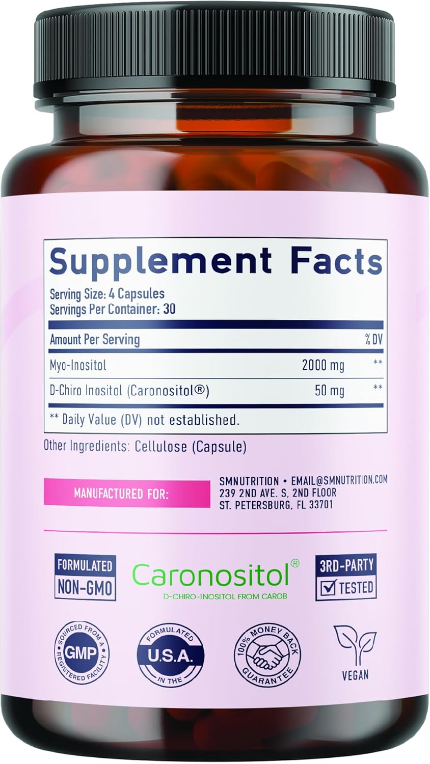 SMNutrition Myo-Inositol & D-Chiro Inositol Capsules for Women | Hormone Balance & Ovarian Health Support | 40:1 Ratio, 2000mg Myo-Inositol & 50mg D-Chiro | Menstrual Cycle & Ovarian Vitamins | 120 Count