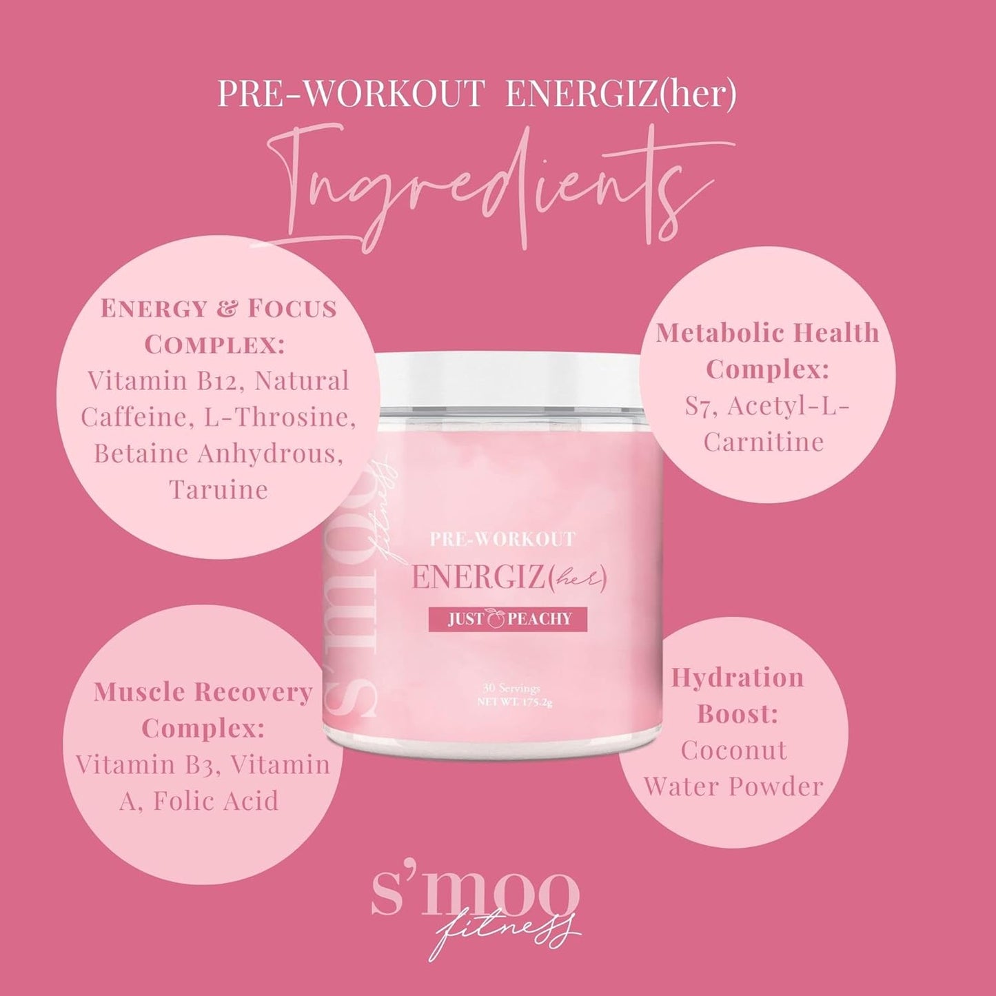 S'moo ENERGIZ(her) Pre Workout Powder - Just Peachy Flavor - 30 Servings - Energizing Preworkout Supplement
