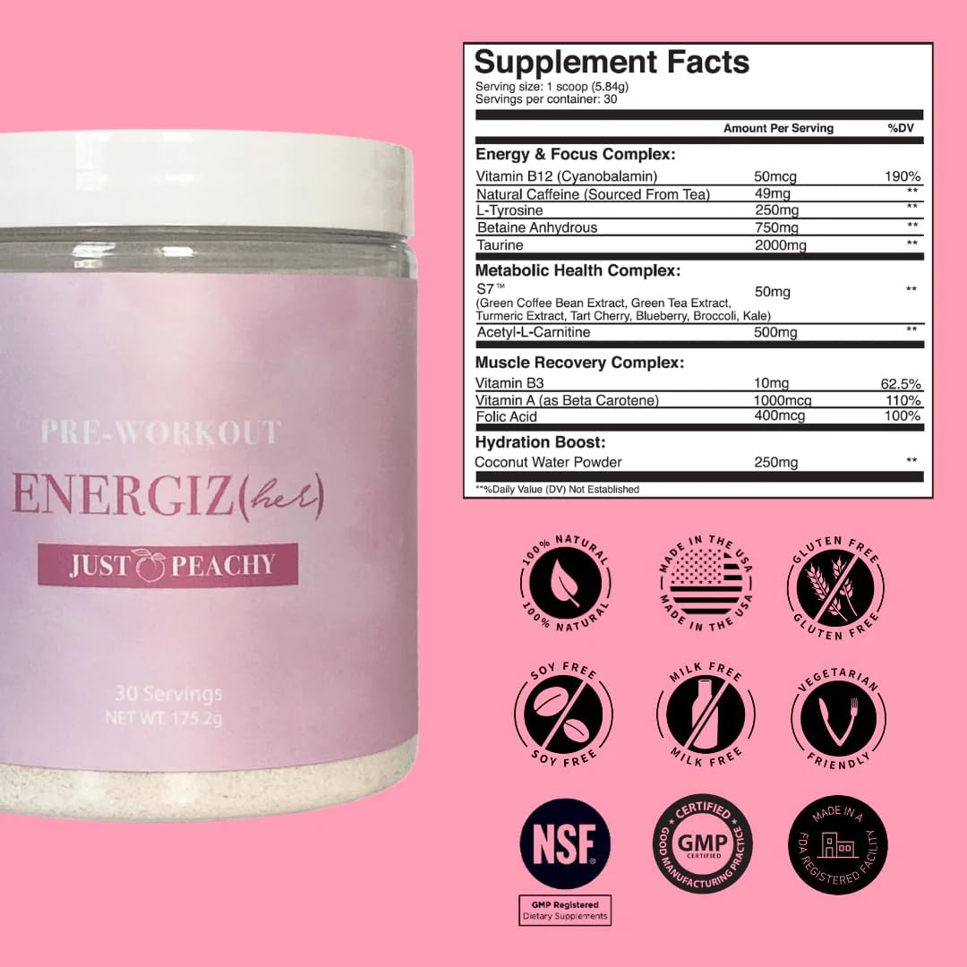 S'moo ENERGIZ(her) Pre Workout Powder - Just Peachy Flavor - 30 Servings - Energizing Preworkout Supplement
