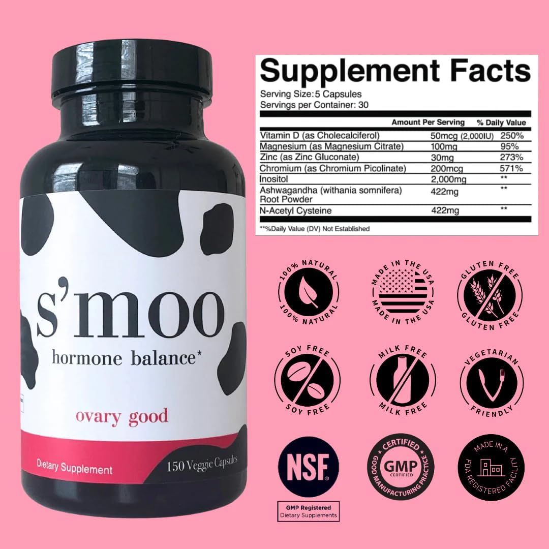 S'moo S’moo Ovary Good Capsules - 7-in-1 PCOS Supplement for Women's Hormone Balance, Fertility, and Ovarian Health (30 Day Supply)