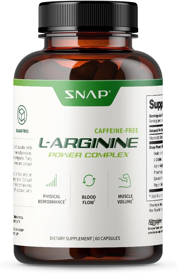 Snap L Arginine Capsules - Nitrosigine & L Citrulline for Energy, Blood Flow, Muscle Growth - Cardio Health Support - 60 Capsules