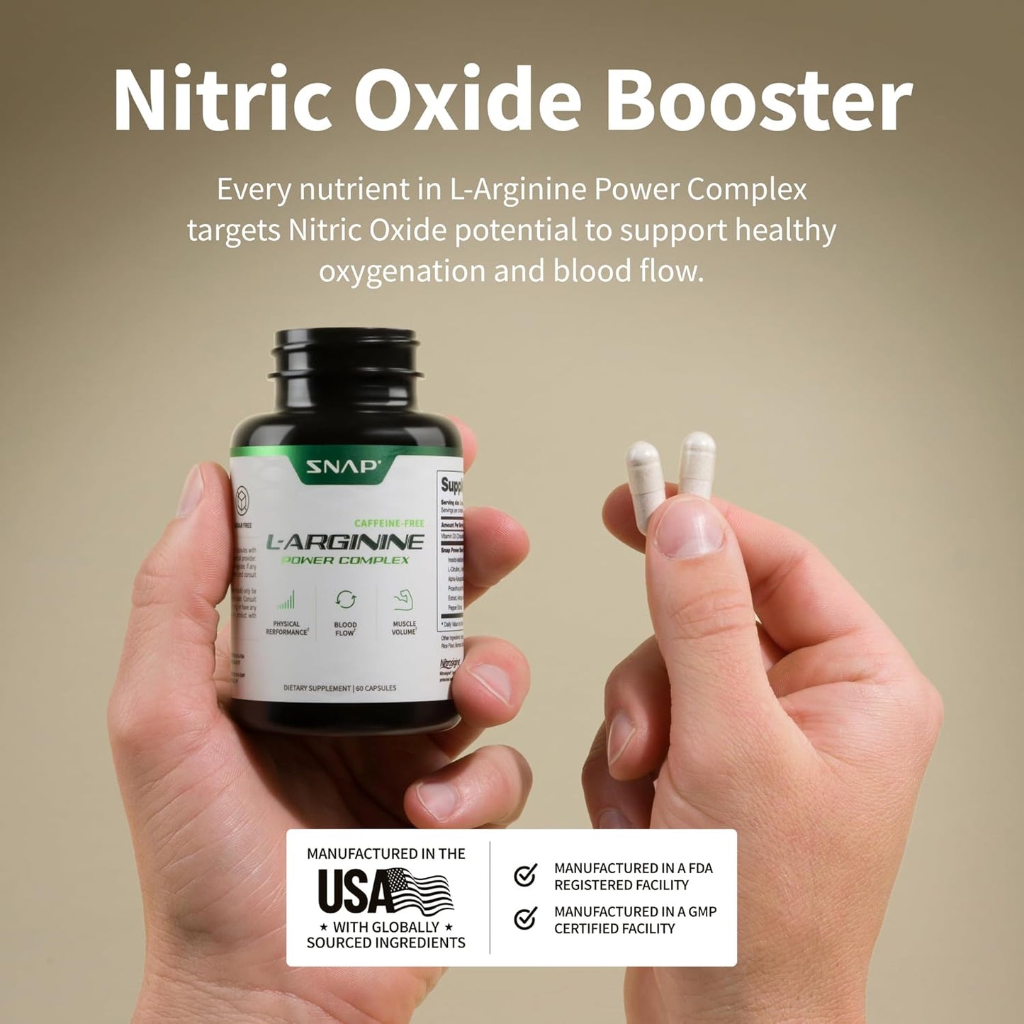 Snap L Arginine Capsules - Nitrosigine & L Citrulline for Energy, Blood Flow, Muscle Growth - Cardio Health Support - 60 Capsules