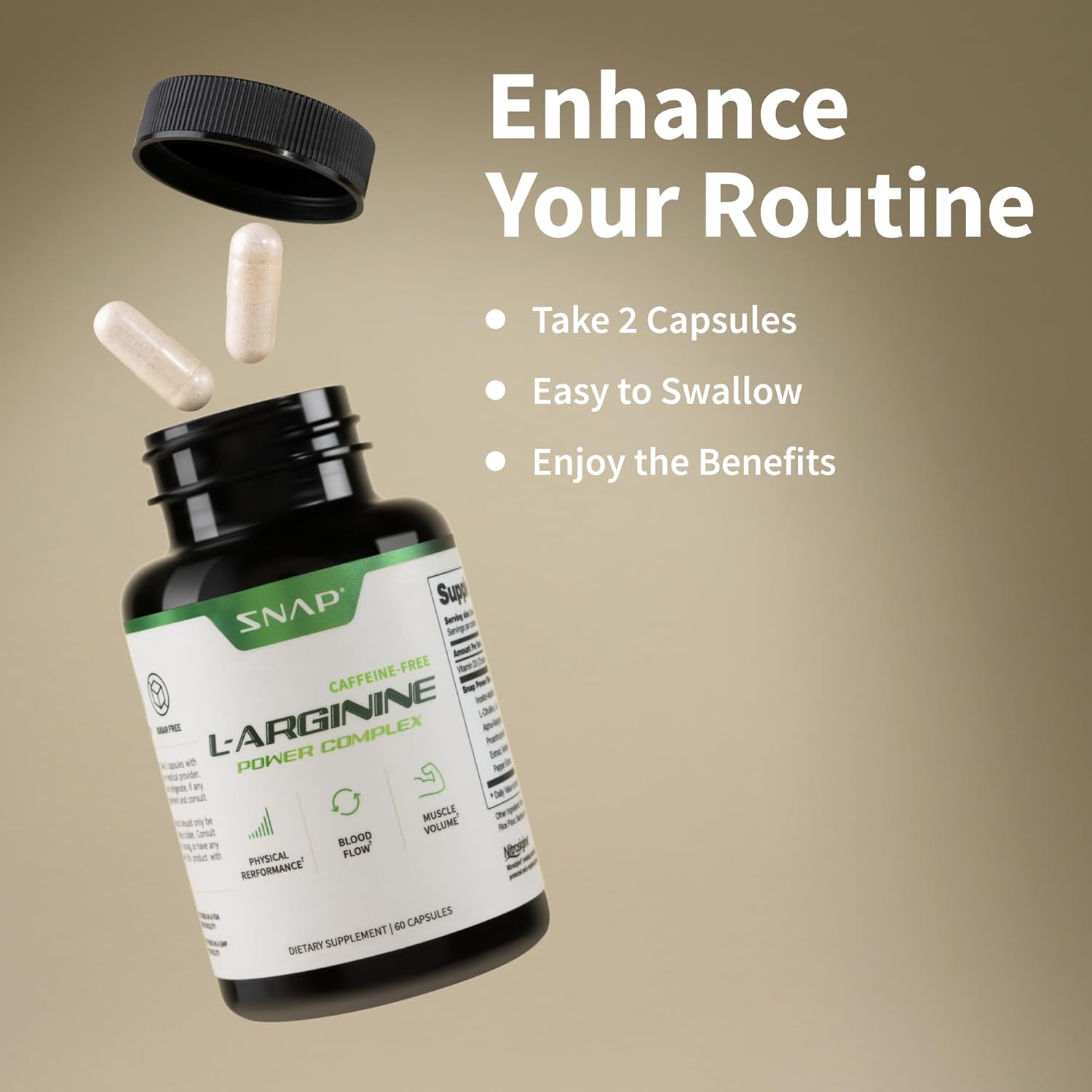 Snap L Arginine Capsules - Nitrosigine & L Citrulline for Energy, Blood Flow, Muscle Growth - Cardio Health Support - 60 Capsules