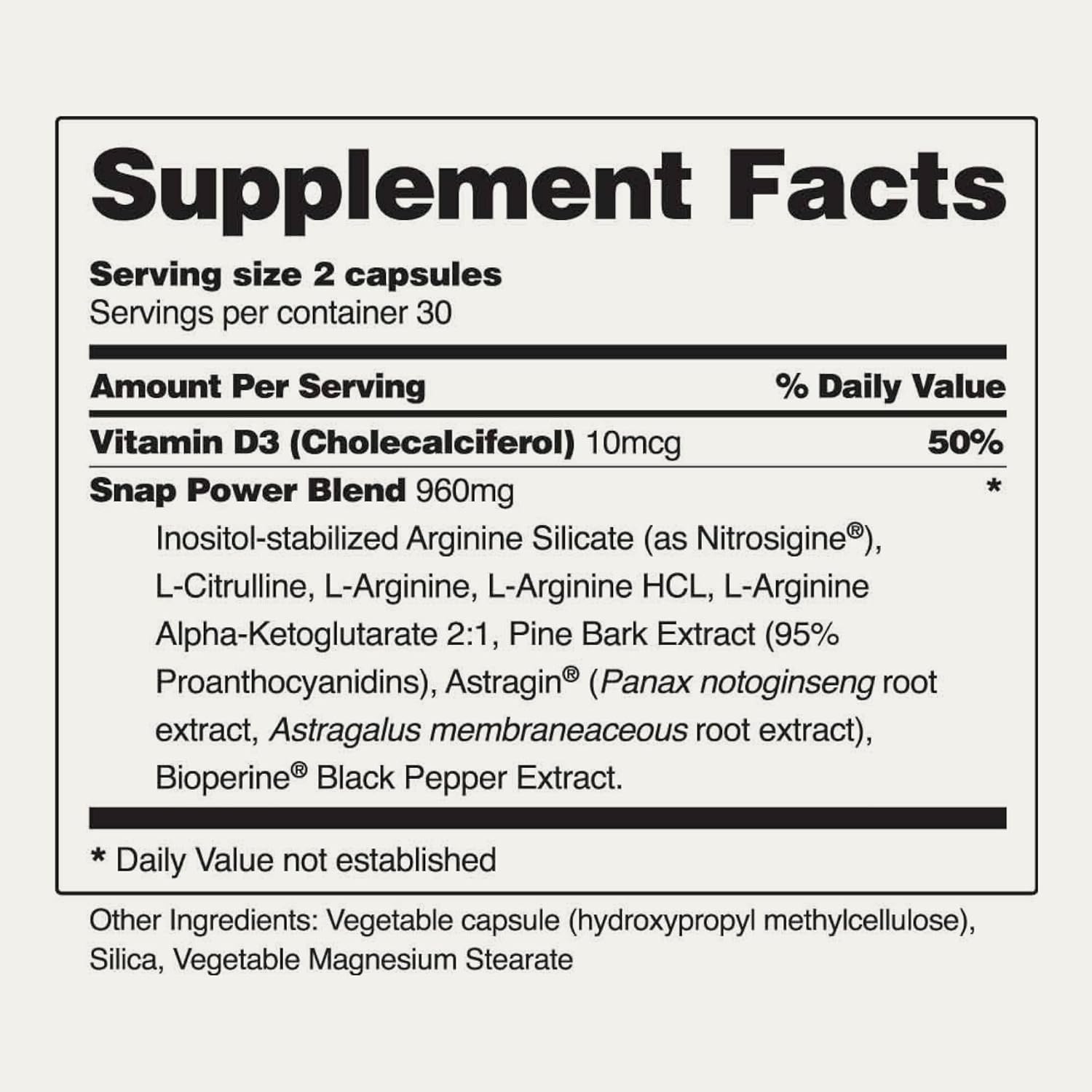 Snap L Arginine Capsules - Nitrosigine & L Citrulline for Energy, Blood Flow, Muscle Growth - Cardio Health Support - 60 Capsules