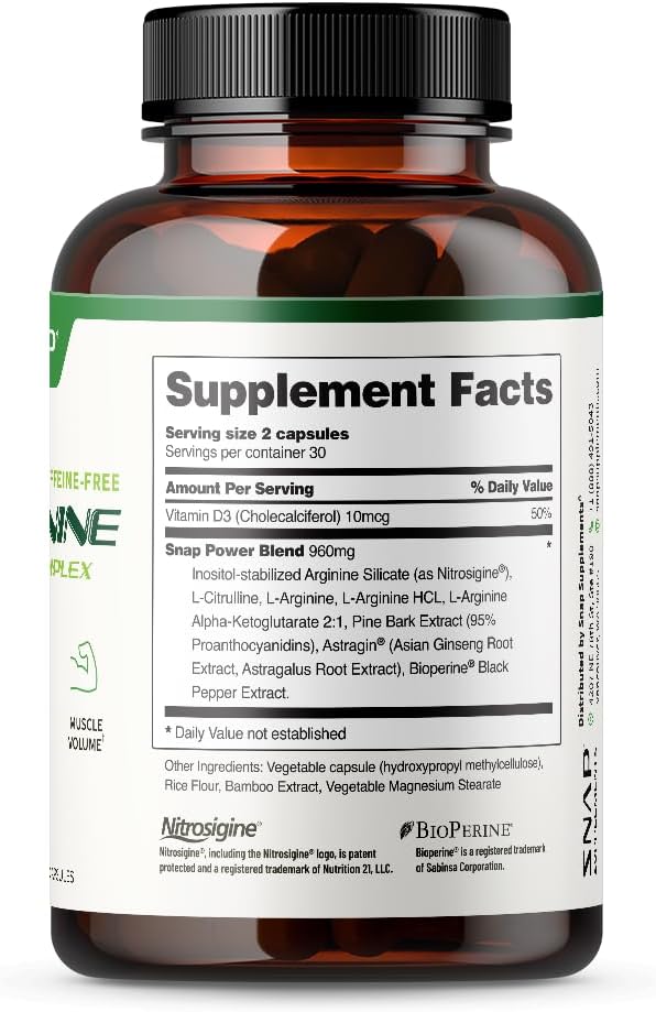 Snap L Arginine Capsules - Nitrosigine & L Citrulline for Energy, Blood Flow, Muscle Growth - Cardio Health Support - 60 Capsules