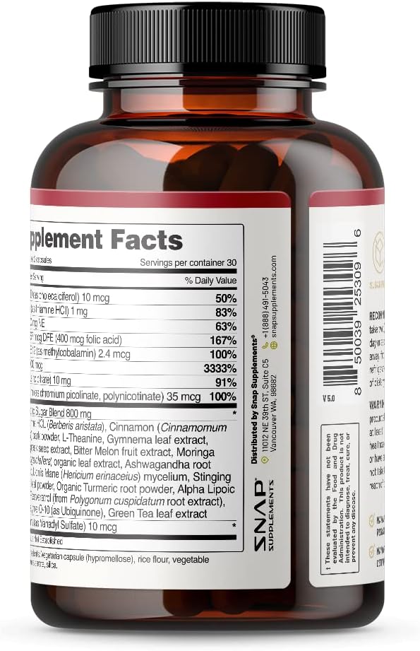Snap Supplements Blood Sugar Support Capsules with Berberine, CoQ10, Cinnamon, Alpha Lipoic Acid and Gymnema - 120 Capsules, Sugar Free