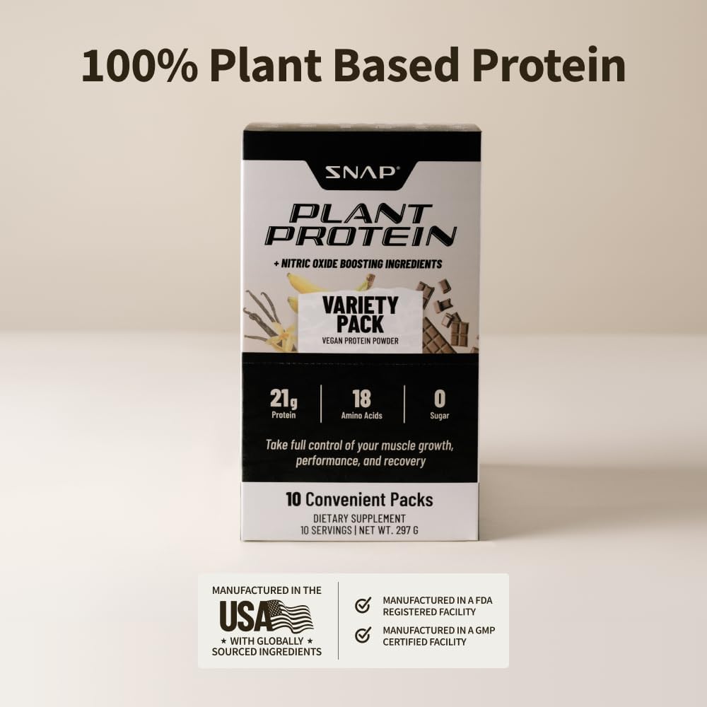 Snap Supplements Plant-Based Protein Powder Stick Packs with Nitric Oxide Booster - 10 Pack Variety Pack