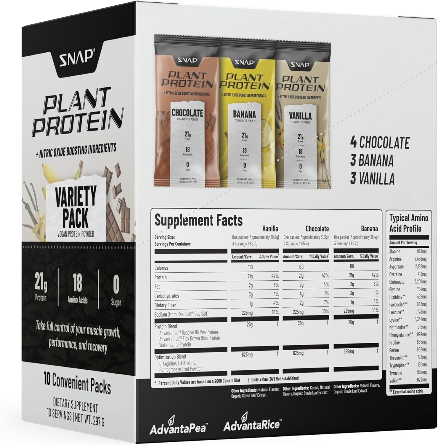 Snap Supplements Plant-Based Protein Powder Stick Packs with Nitric Oxide Booster - 10 Pack Variety Pack