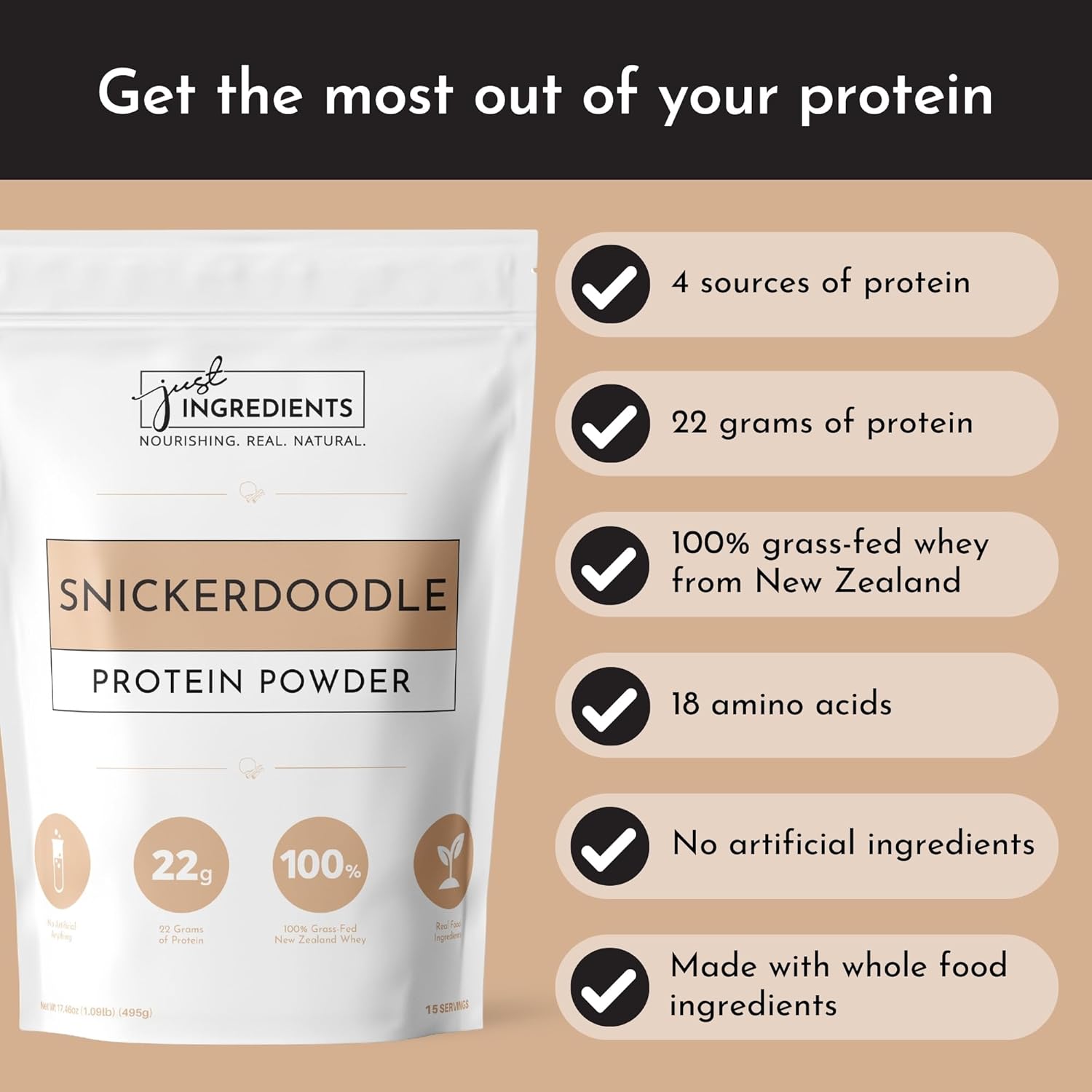 Snickerdoodle Protein Powder - 100% Grass-Fed Whey, Non-GMO, Gluten-Free - 15 Servings