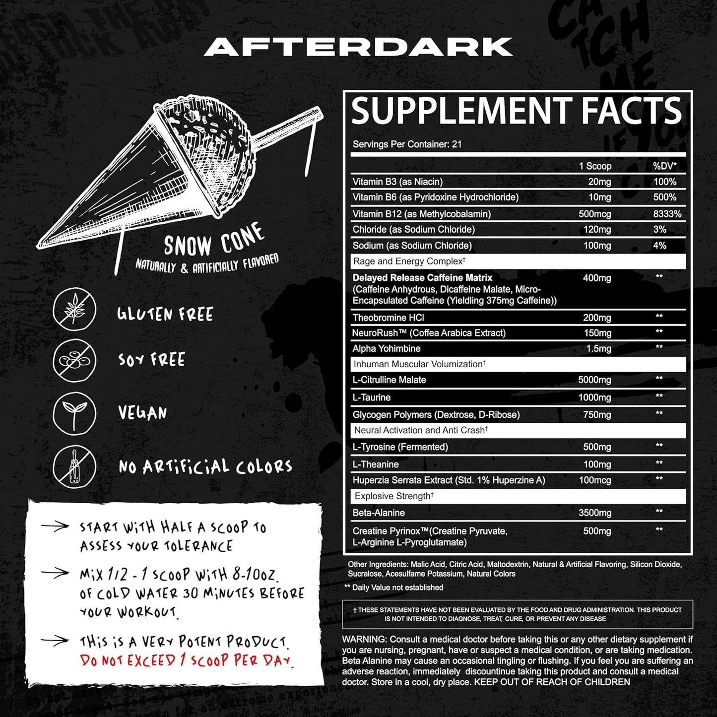 SnowCone AFTERDARK INHUMAN Pre-Workout Powder with Enhanced Mind-Muscle Connection and Sustained Energy, Vegan and Gluten-Free