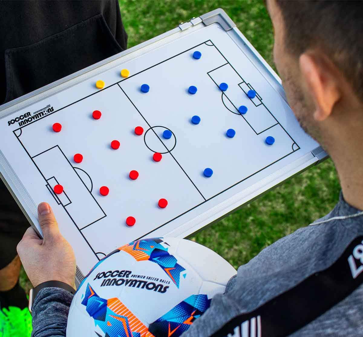 Soccer Innovations Double Sided Aluminum Magnetic Tactic Board with Player Magnets, Pen, & Wall Hanging Clips - Dry Erase Full & Half Field Strategy Board
