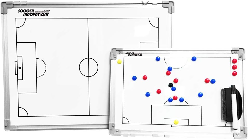 Soccer Innovations Double Sided Aluminum Magnetic Tactic Board with Player Magnets, Pen, & Wall Hanging Clips - Dry Erase Full & Half Field Strategy Board