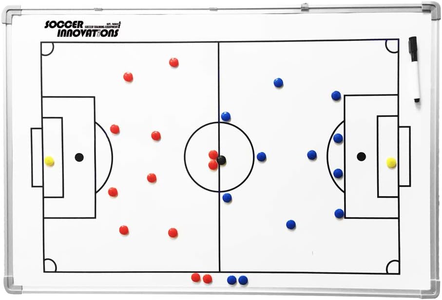 Soccer Innovations Double Sided Aluminum Magnetic Tactic Board with Player Magnets, Pen, & Wall Hanging Clips - Dry Erase Full & Half Field Strategy Board
