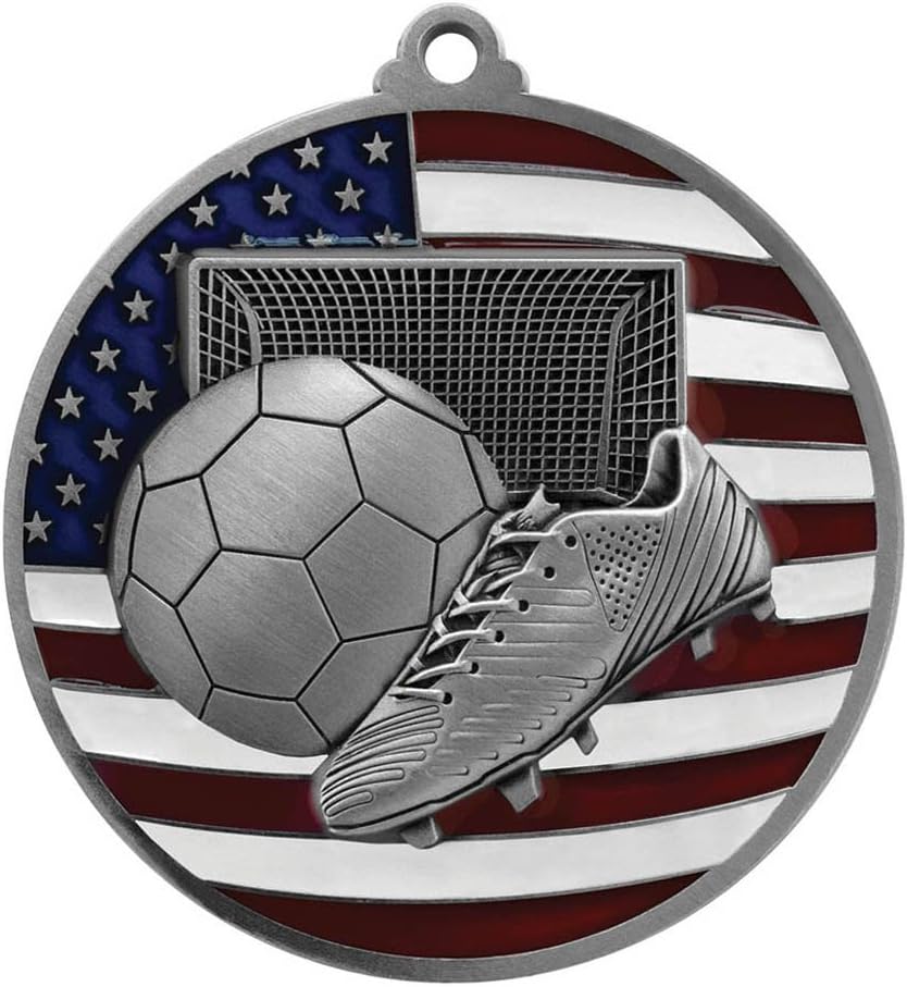 Soccer Patriotic Engraved Medal with American Flag Ribbon - 2.75 Inch Wide Futbol Medallion