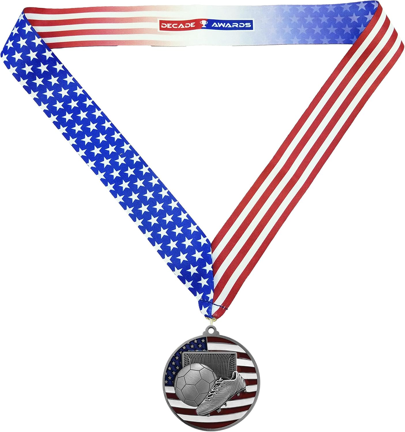 Soccer Patriotic Engraved Medal with American Flag Ribbon - 2.75 Inch Wide Futbol Medallion