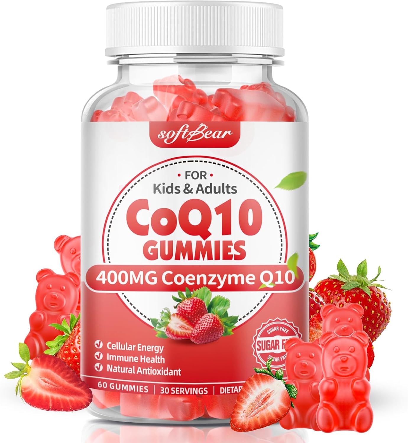 softbear CoQ10 Gummies 400mg Supplement with Omega-3, Magnesium, Vitamin B3 & Zinc - Antioxidant & Energy Support for Adults - Strawberry Flavor 60 Count