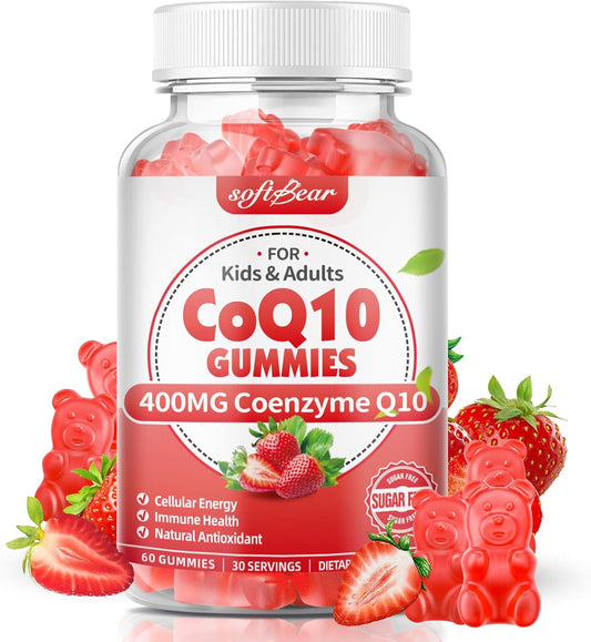 softbear CoQ10 Gummies 400mg Supplement with Omega-3, Magnesium, Vitamin B3 & Zinc - Antioxidant & Energy Support for Adults - Strawberry Flavor 60 Count