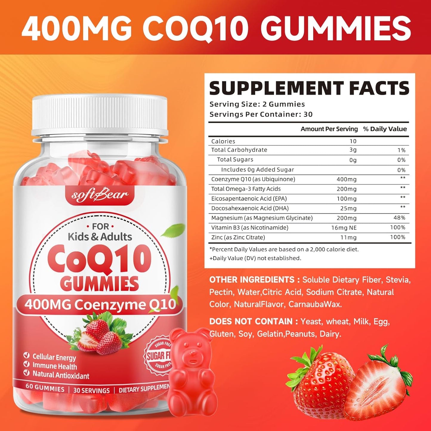softbear CoQ10 Gummies 400mg Supplement with Omega-3, Magnesium, Vitamin B3 & Zinc - Antioxidant & Energy Support for Adults - Strawberry Flavor 60 Count