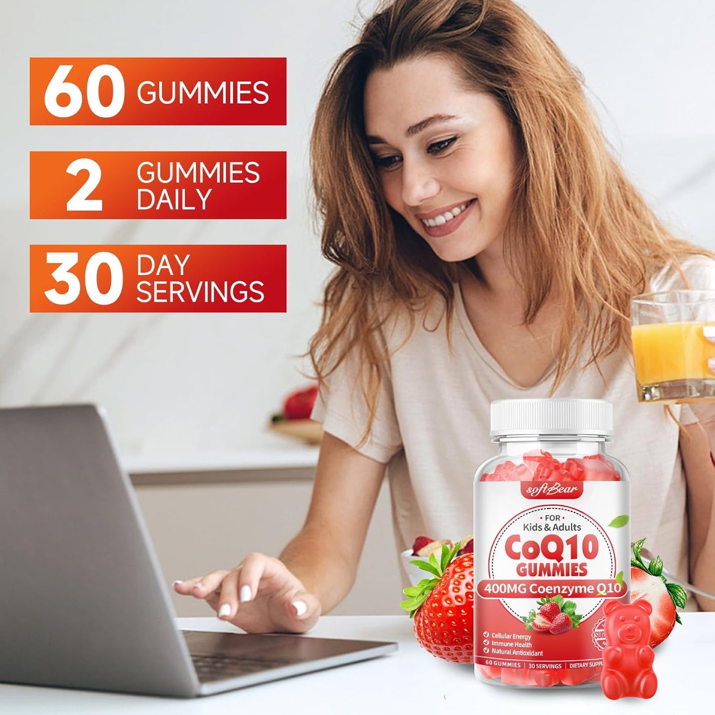 softbear CoQ10 Gummies 400mg Supplement with Omega-3, Magnesium, Vitamin B3 & Zinc - Antioxidant & Energy Support for Adults - Strawberry Flavor 60 Count