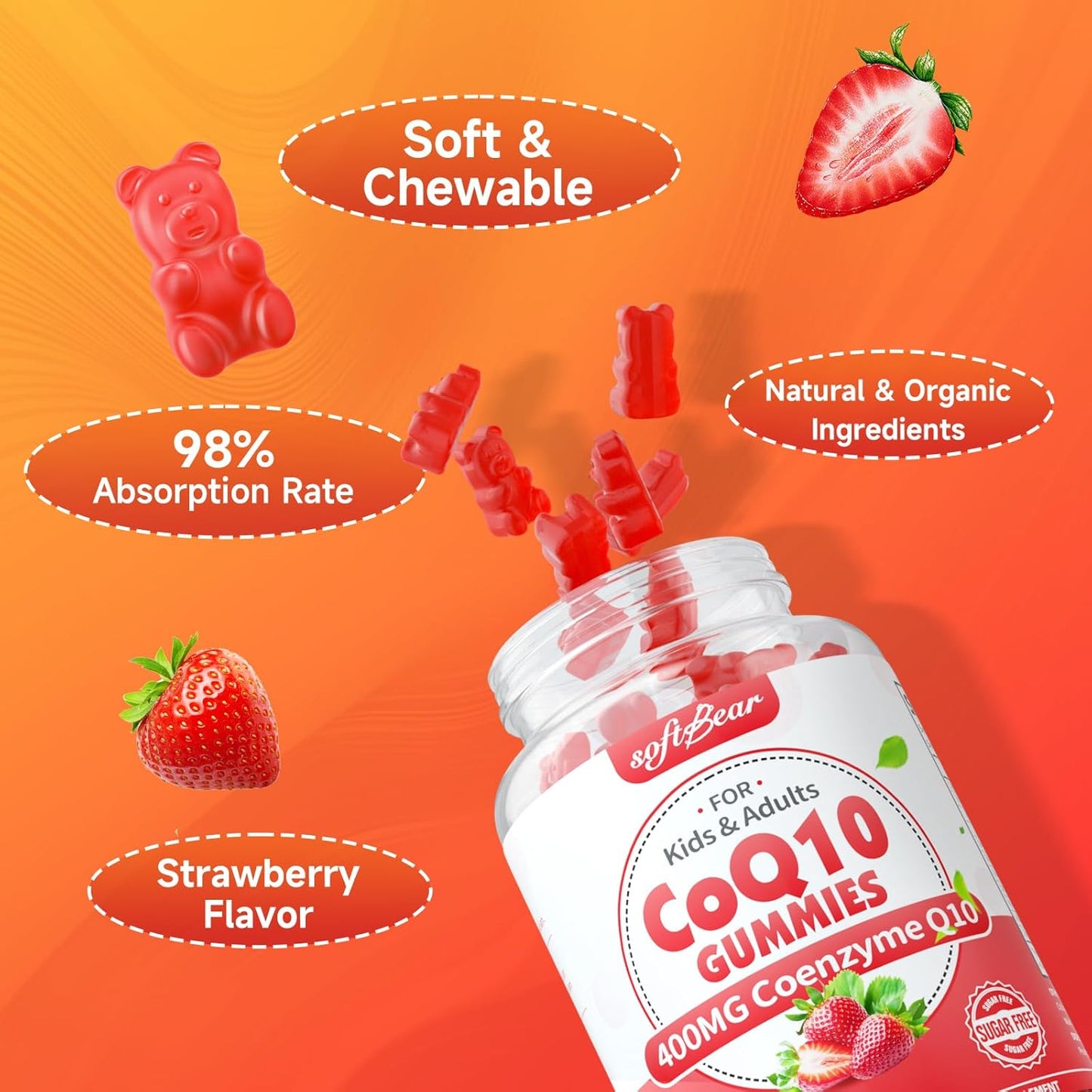 softbear CoQ10 Gummies 400mg Supplement with Omega-3, Magnesium, Vitamin B3 & Zinc - Antioxidant & Energy Support for Adults - Strawberry Flavor 60 Count