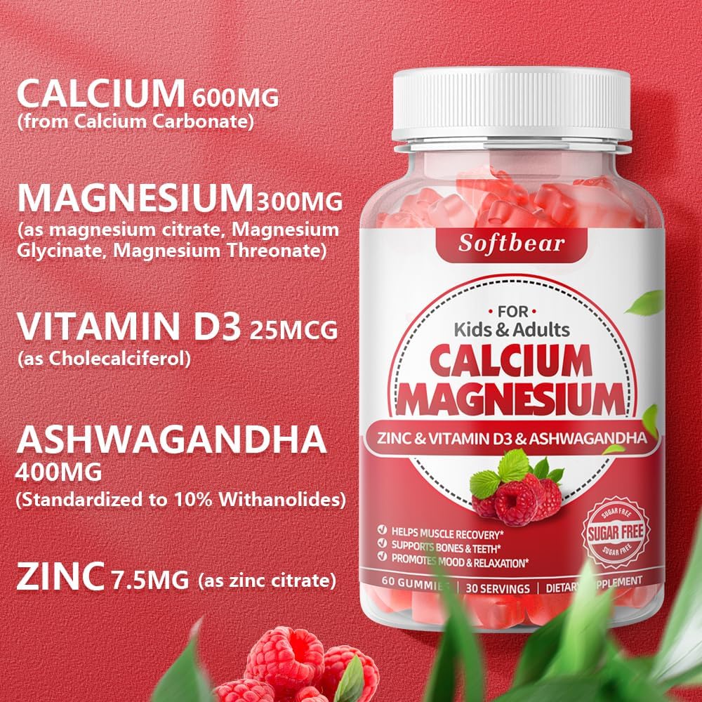 Softbear Women's Calcium Magnesium Zinc Gummies with Vitamin D3 - High Absorption Vegan Raspberry Flavor - 120 Gummies