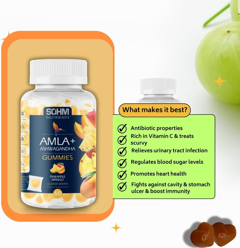 SOHM Amla and Ashwagandha Gummies: Immune Support for Men and Women, Vegetarian Pineapple Mango Flavor, Individually Wrapped