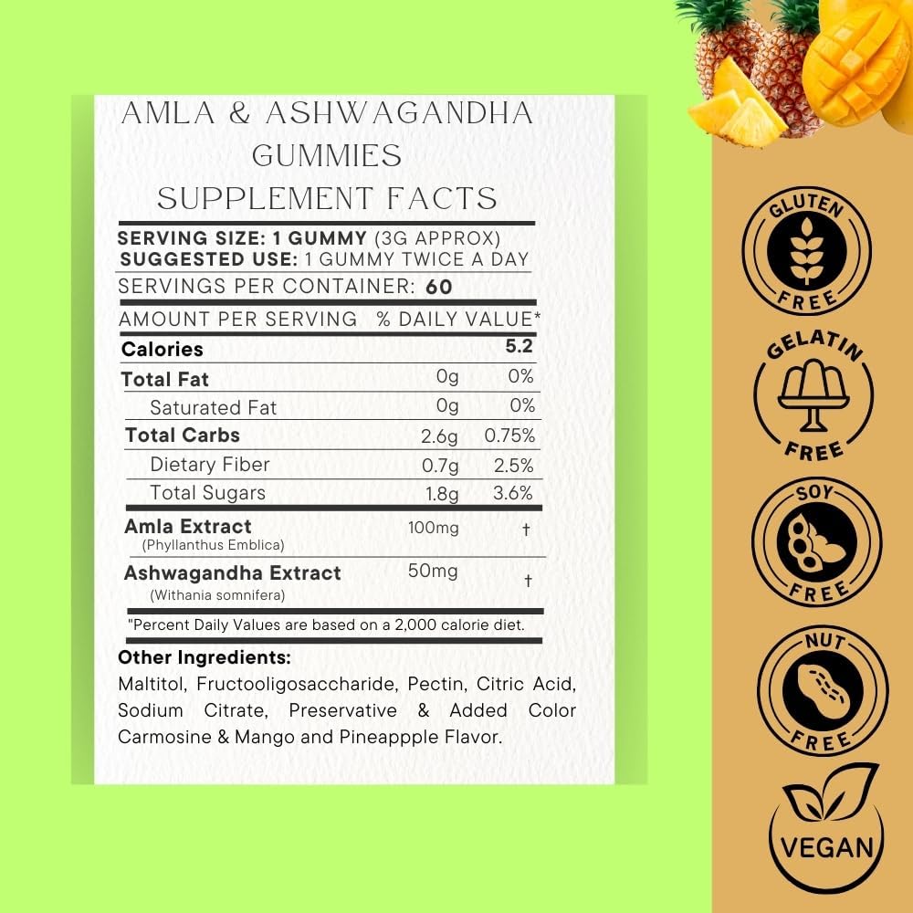 SOHM Amla and Ashwagandha Gummies: Immune Support for Men and Women, Vegetarian Pineapple Mango Flavor, Individually Wrapped