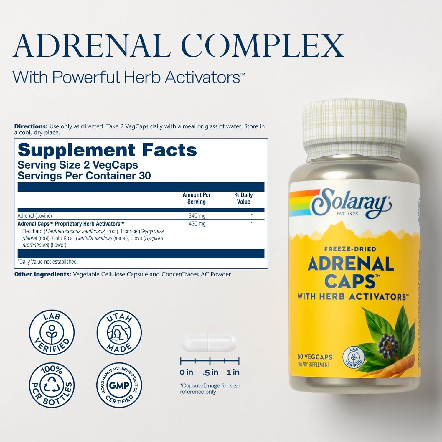 Solaray Adrenal Capsules - Freeze-Dried Adrenal Support Supplement with Eleuthero, Gotu Kola, Licorice, and Clove - Lab Verified - 60 VegCaps - 30 Servings - 60-Day Guarantee