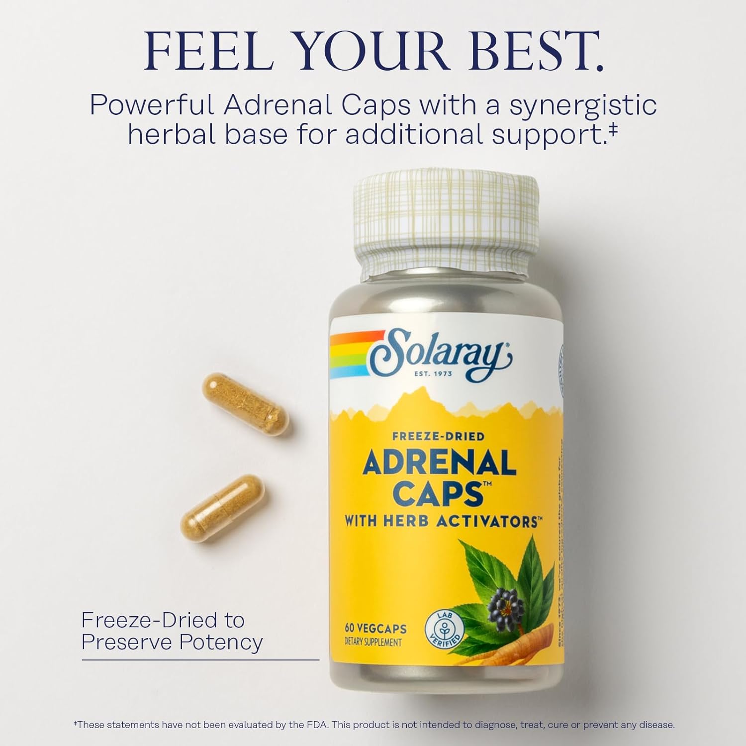 Solaray Adrenal Capsules - Freeze-Dried Adrenal Support Supplement with Eleuthero, Gotu Kola, Licorice, and Clove - Lab Verified - 60 VegCaps - 30 Servings - 60-Day Guarantee