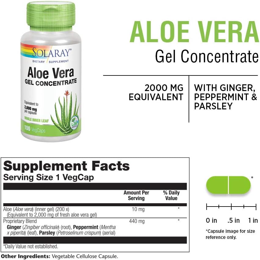 Solaray Aloe Vera Gel Concentrate 100 VegCaps | Equivalent to 2000 mg | Antioxidant & Digestion Support | Non-GMO Vegan Formula