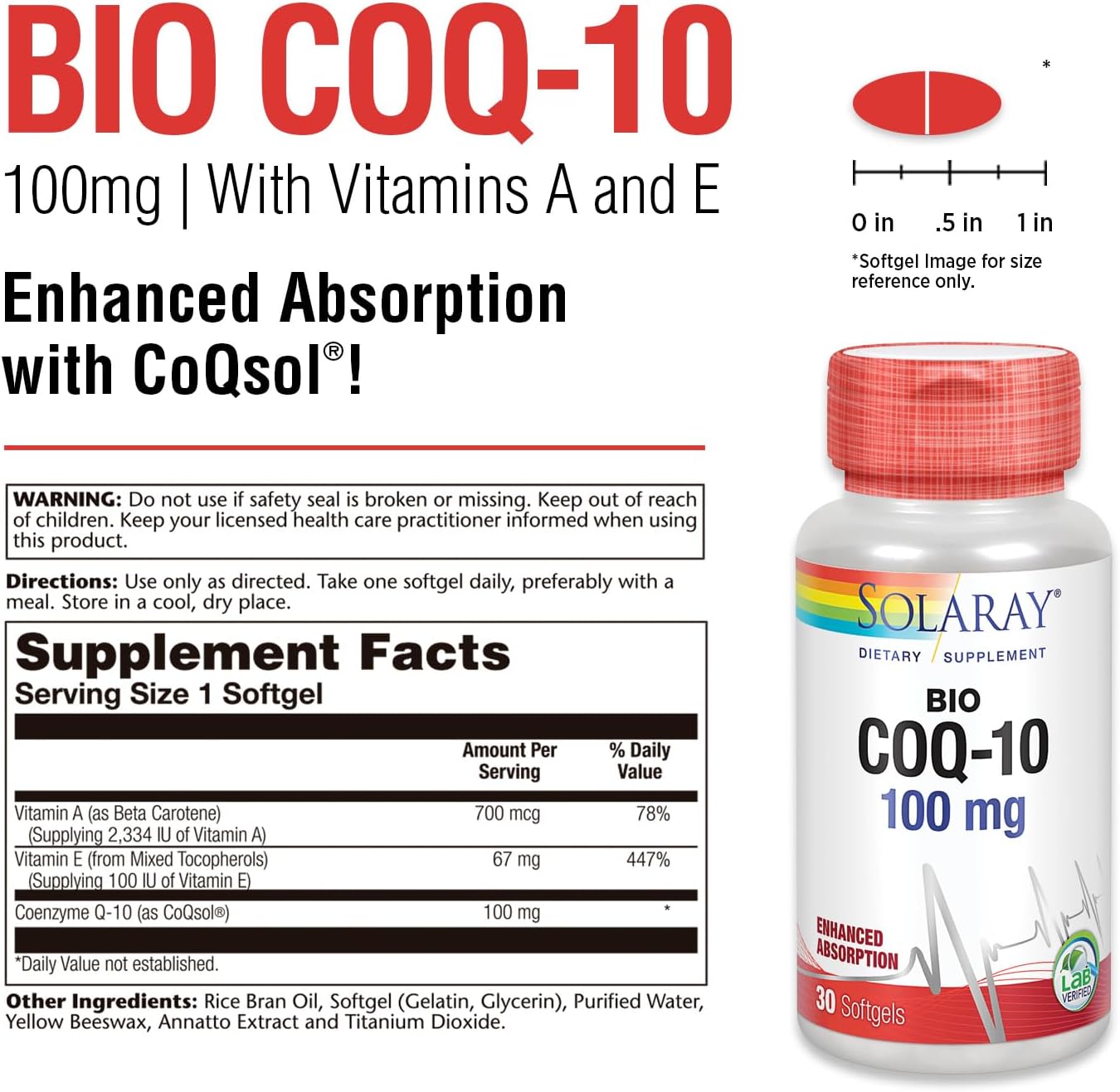 Solaray Bio CoQ-10 100 mg Capsules with Vitamins A & E for Heart Health - 30 Count