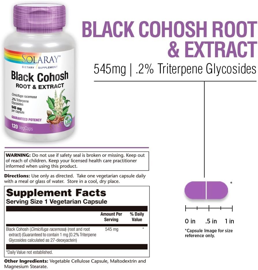 Solaray Black Cohosh Root and Extract Capsules - 545mg - Menopause Support for Women - Non-GMO - 120 Count