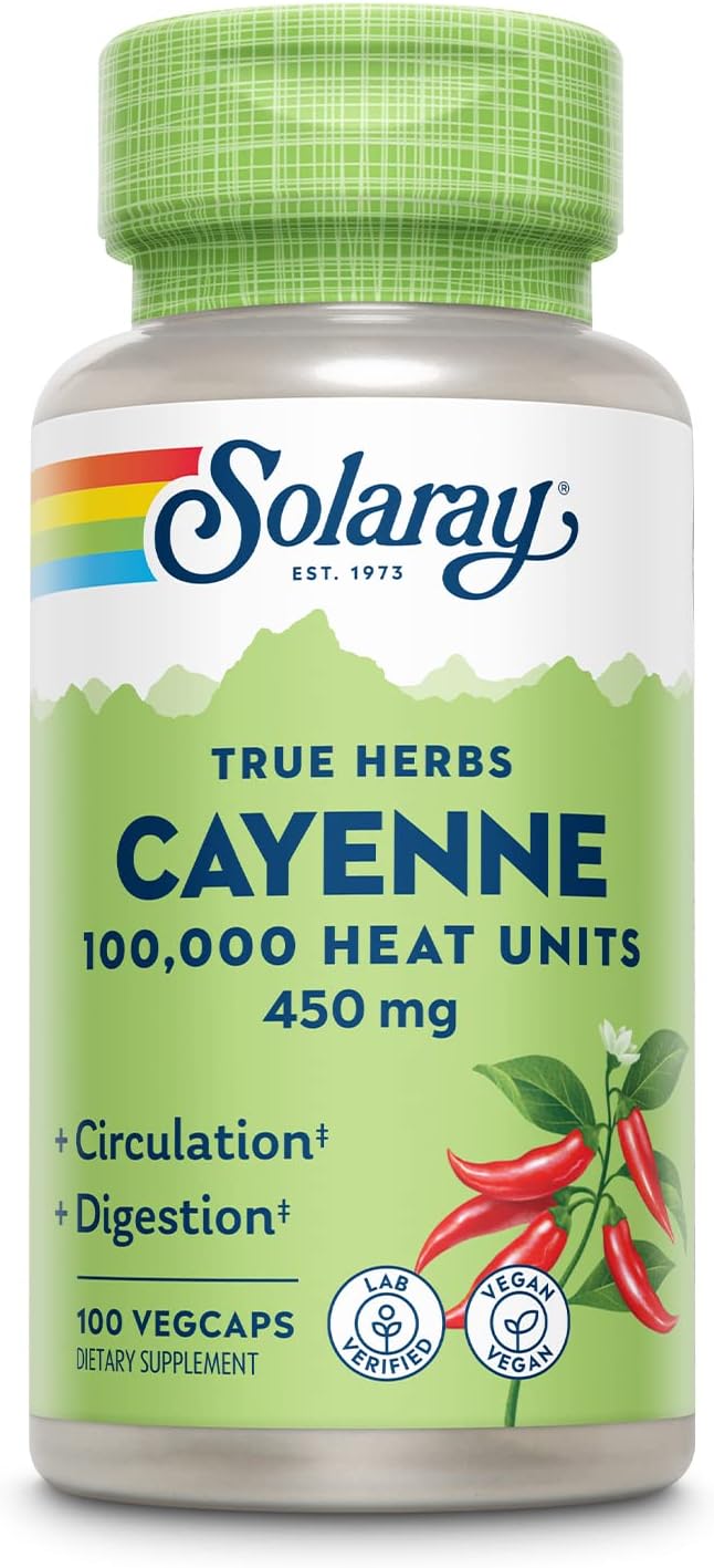 Solaray Cayenne Pepper Capsules - 450mg, 100,000 Heat Unit - Digestion, Circulation, Metabolism & Cardio Support - Non-GMO - 100 VegCaps