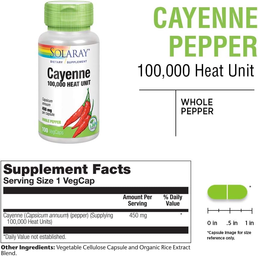Solaray Cayenne Pepper Capsules - 450mg, 100,000 Heat Unit - Digestion, Circulation, Metabolism & Cardio Support - Non-GMO - 100 VegCaps