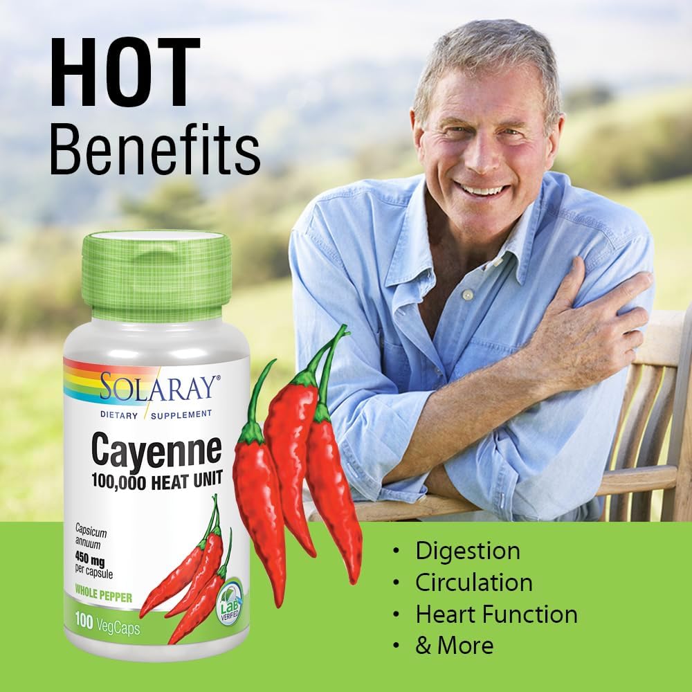 Solaray Cayenne Pepper Capsules - 450mg, 100,000 Heat Unit - Digestion, Circulation, Metabolism & Cardio Support - Non-GMO - 100 VegCaps