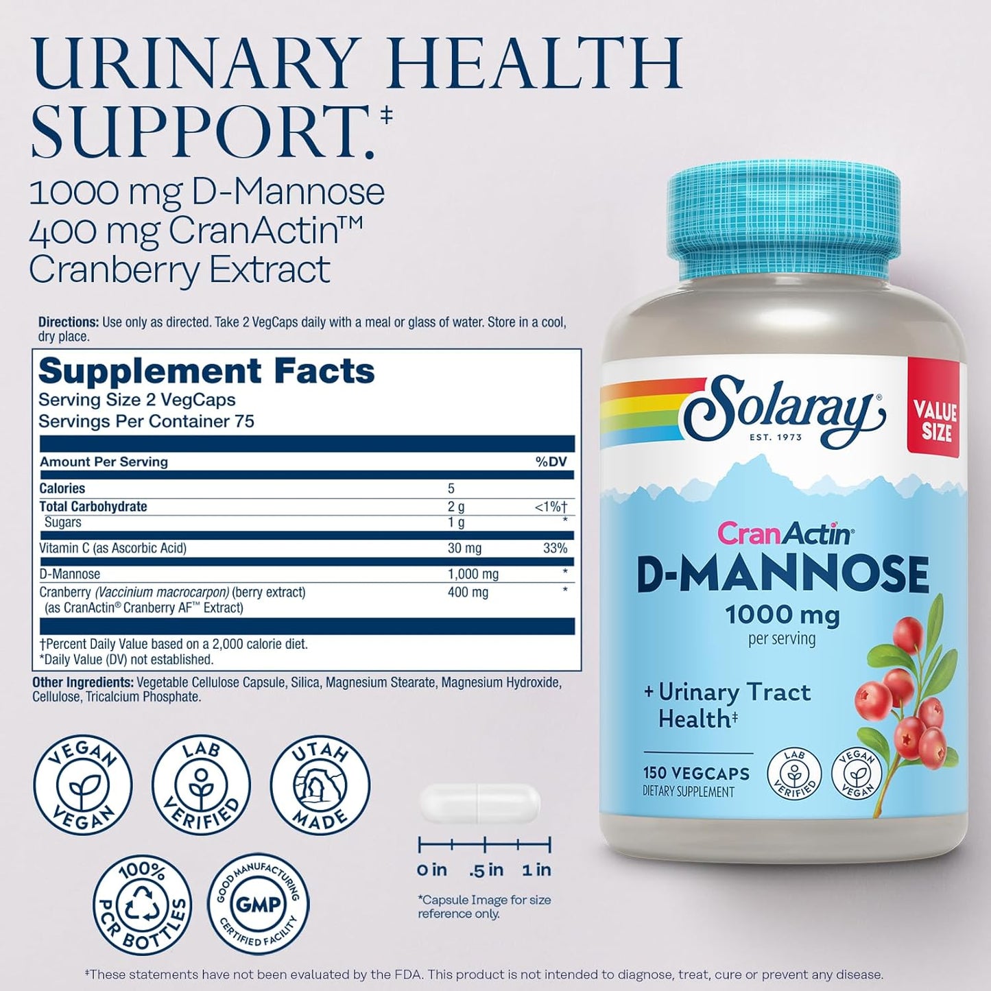 Solaray D-Mannose 1000mg & CranActin Cranberry Capsules for Urinary Tract & Bladder Support - 150 VegCaps, Vegan, Vitamin C, 60 Day Guarantee