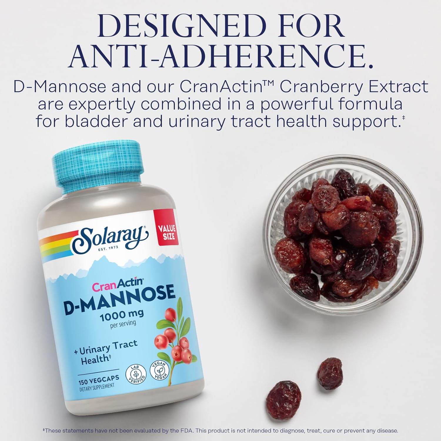 Solaray D-Mannose 1000mg & CranActin Cranberry Capsules for Urinary Tract & Bladder Support - 150 VegCaps, Vegan, Vitamin C, 60 Day Guarantee