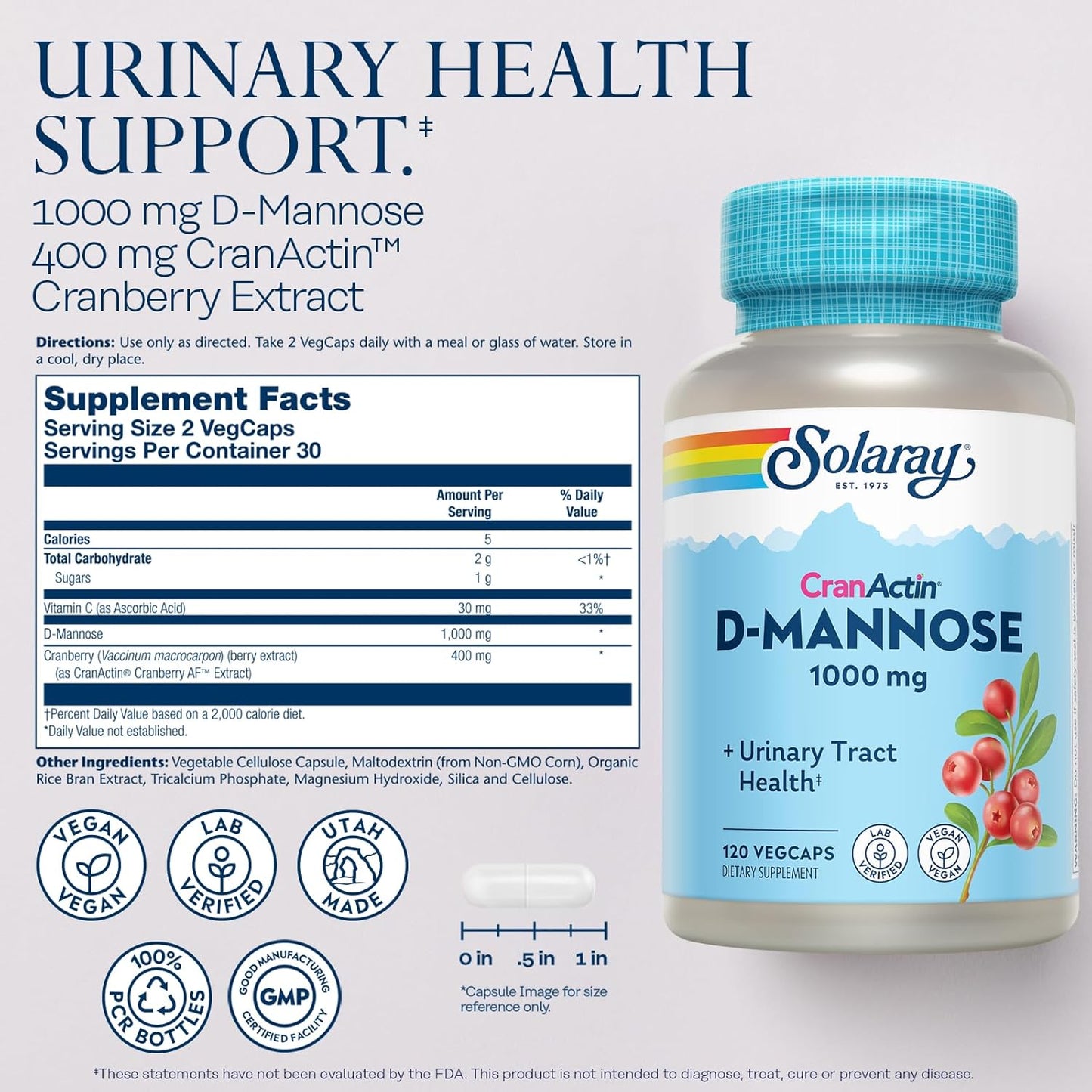 Solaray D-Mannose 1000mg with Cranberry Extract - Urinary Tract & Bladder Health Support - Vegan, 60 Day Guarantee - 120 VegCaps