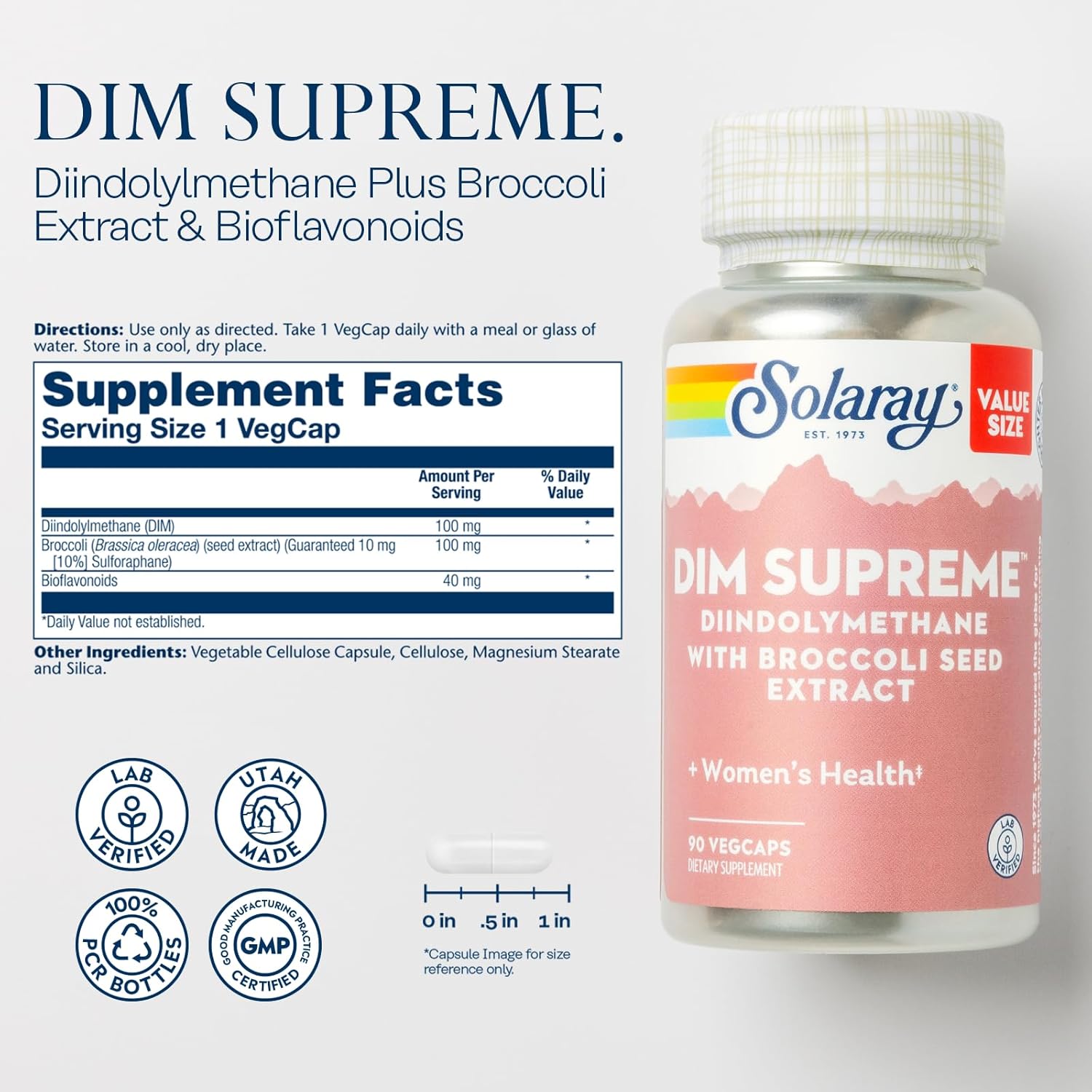 Solaray DIM Supreme 100mg VegCaps - Menopause & Estrogen Support with Broccoli Seed Extract - 90 Count
