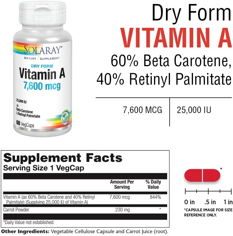 Solaray Dry Vitamin A 7,500 mcg VegCaps - 60 Count Bottle