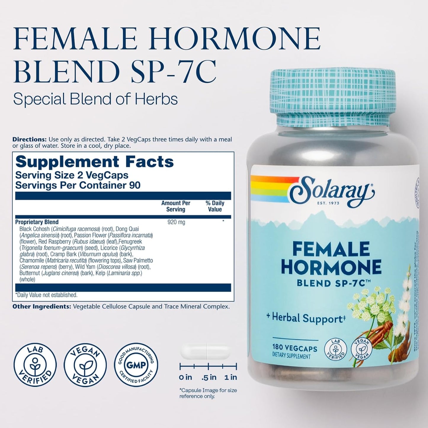 Solaray Female Hormone Blend SP-7C - Herbal Blend with Black Cohosh, Dong Quai, Passion Flower, Saw Palmetto, Wild Yam - 180 VegCaps