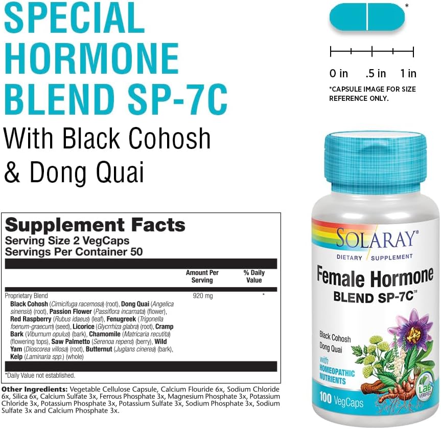 Solaray Female Hormone Blend SP-7C with Black Cohosh, Dong Quai, Passion Flower, Wild Yam - 100 VegCaps, 50 Servings